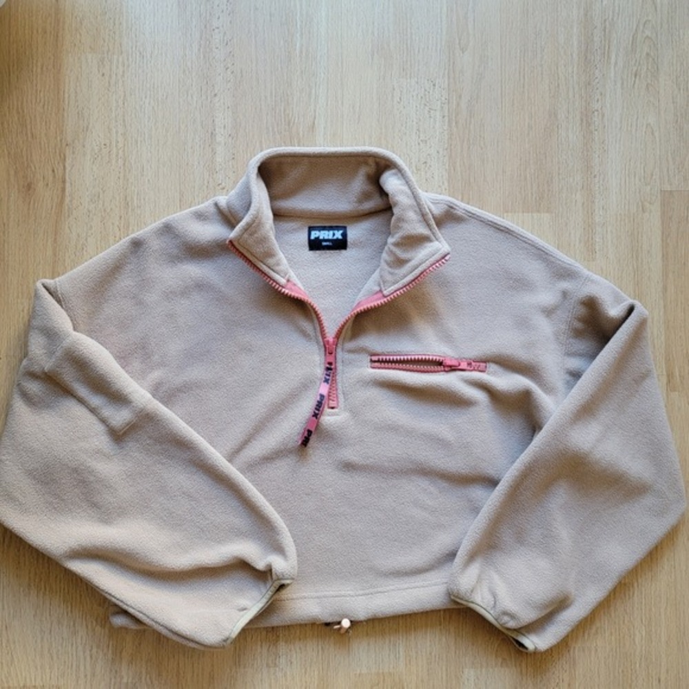 PRIX Fleece Quarter‎ Zip Pullover Crop Top Tan Pink Accent Women's Small